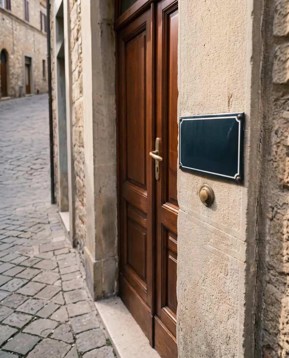Portone in legno con la targa smaltata dello studio sulla parete a destra