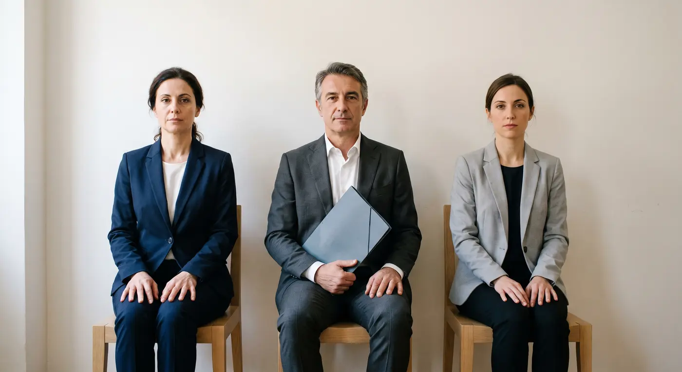Le tre persone dello studio, sedute in fila su una parete chiara